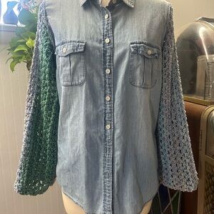 Denim Button-Up Shirt with Crochet Sleeves